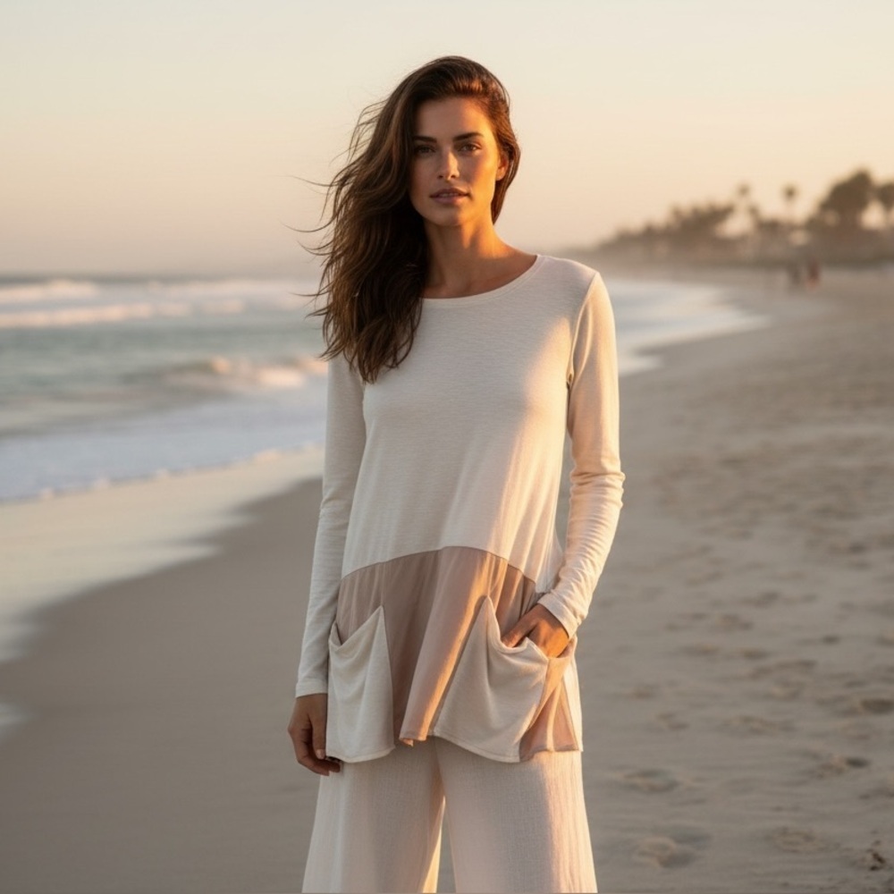 LOGO by Lori Goldstein Cream Layered Long Sleeve Top XS